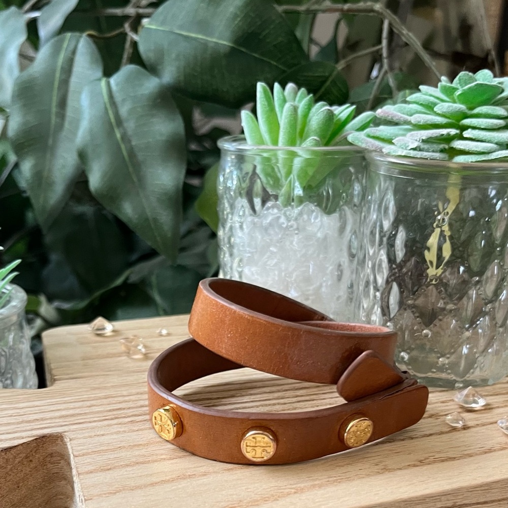 Tory Burch Tan Leather Bracelet with Gold Emblems